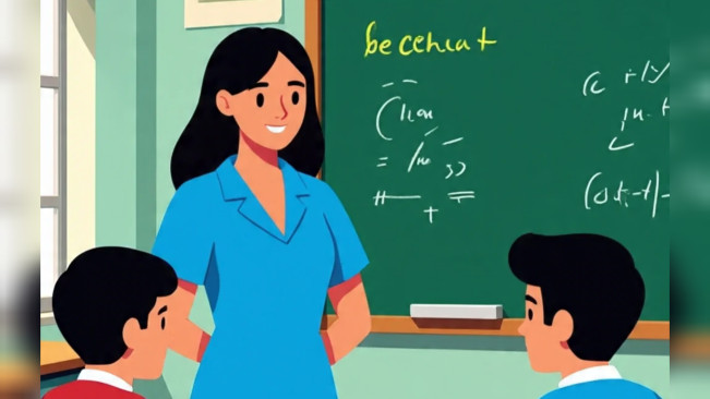 Ilustrasi bu guru PNS bersama dua murid. [Meta AI/FT News]